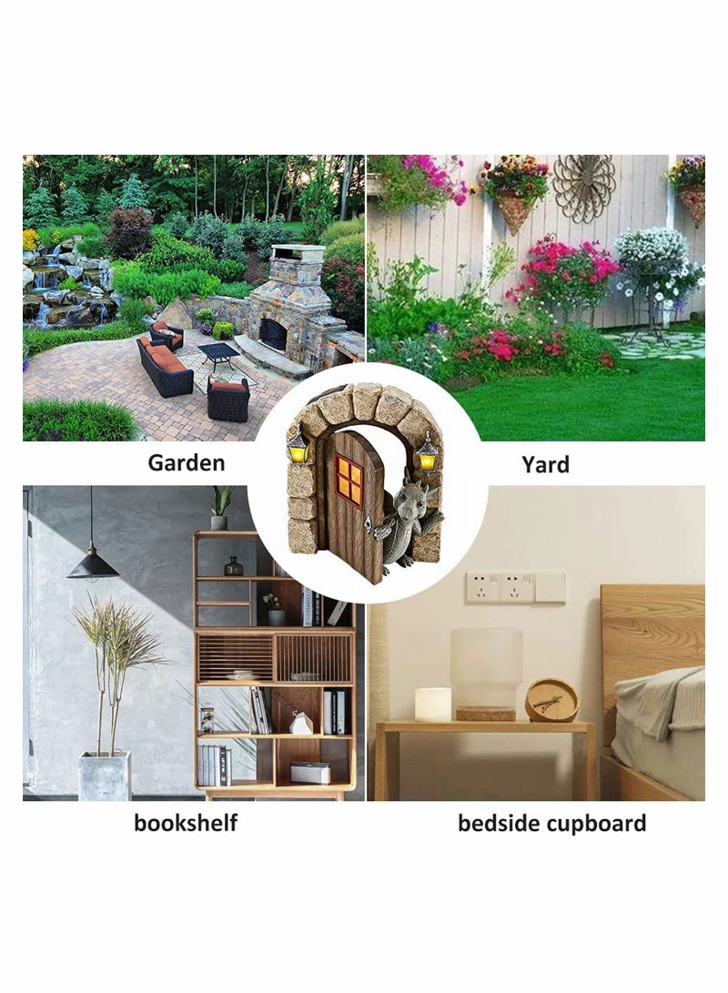 Garden Dinosaur Decorations Fairy Miniature Decor Kit Flying Dragon Open Door Statues for Wall Tree Yard Sculpture Outdoor 15x11.5x4.4CM