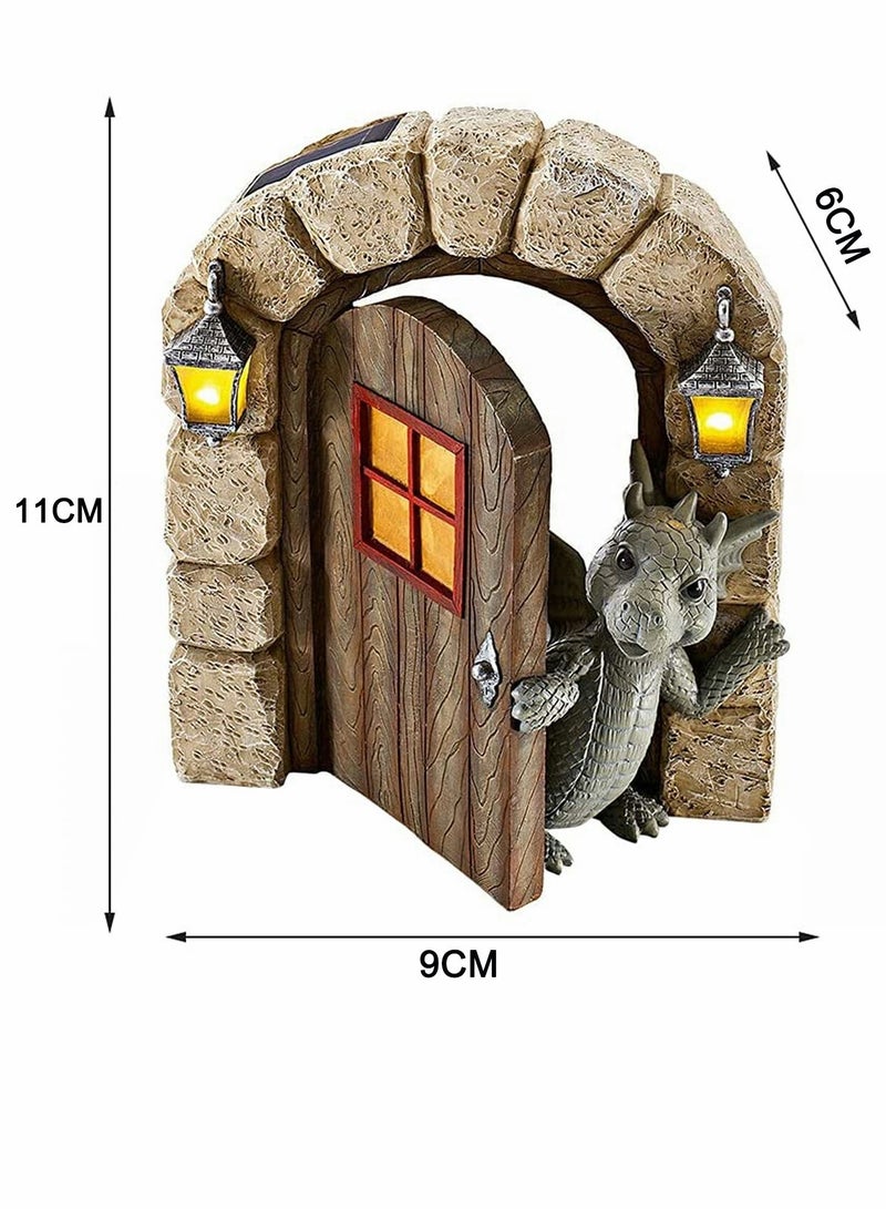 Garden Dinosaur Decorations Fairy Miniature Decor Kit Flying Dragon Open Door Statues for Wall Tree Yard Sculpture Outdoor 15x11.5x4.4CM