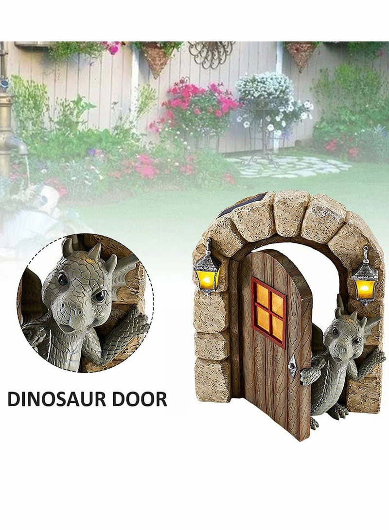 Garden Dinosaur Decorations Fairy Miniature Decor Kit Flying Dragon Open Door Statues for Wall Tree Yard Sculpture Outdoor 15x11.5x4.4CM