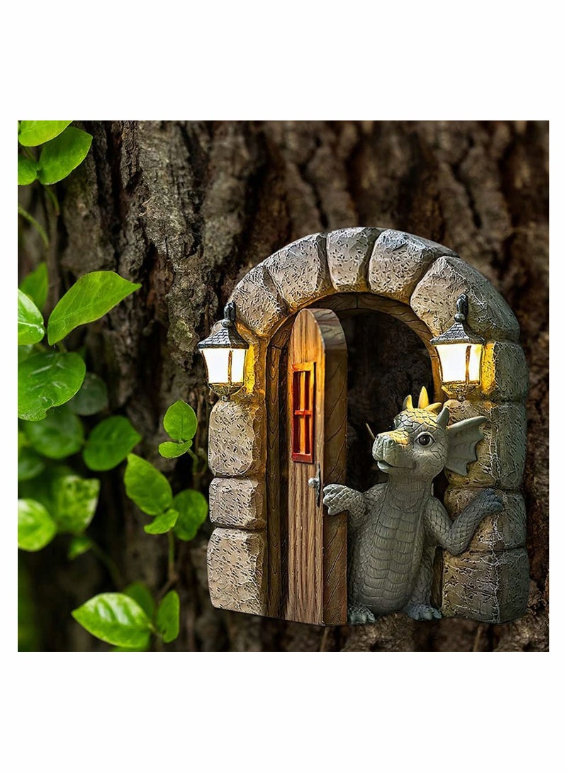Garden Dinosaur Decorations Fairy Miniature Decor Kit Flying Dragon Open Door Statues for Wall Tree Yard Sculpture Outdoor 15x11.5x4.4CM