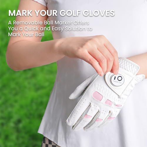 FINGER TEN Women’s Ladies Golf Gloves Left Hand Right with Ball Marker Leather Grip 1 Pack, Pink Fit Woman Girl, Size Small Medium Large XL (Large, Left) - Image 4