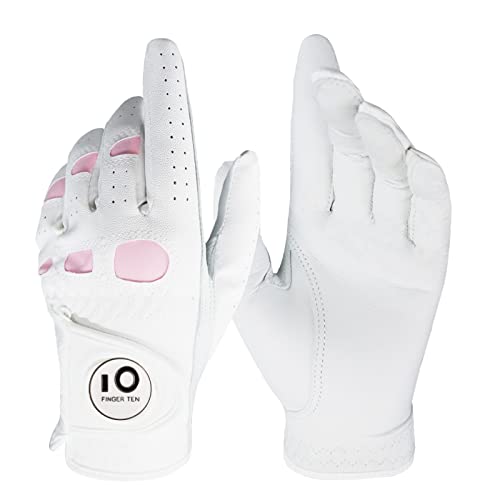 FINGER TEN Women’s Ladies Golf Gloves Left Hand Right with Ball Marker Leather Grip 1 Pack, Pink Fit Woman Girl, Size Small Medium Large XL (Large, Left) - Image 1