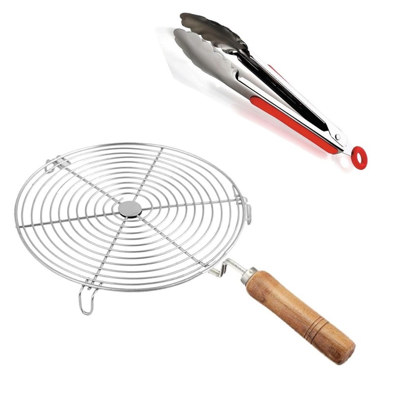 HOMECRAZE Jalebi Roaster Jali Kitchenware Wire Roaster with Wooden Handle Barbecue Grill Roasting Papad Roti Tandoor Net Chapati Toast Roaster brinjal Jalebi with Tong Midium - Image 1