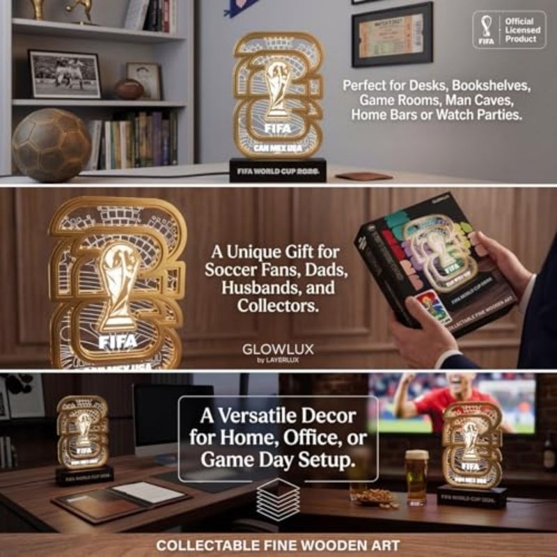 FIFA World Cup 2026 Official Licensed Collectible Display with White LED Glow, Soccer Memorabilia Gift for Men Women Dad Fans Man Cave Bar Desk Decor USA CAN MEX Trophy Replica - Image 3