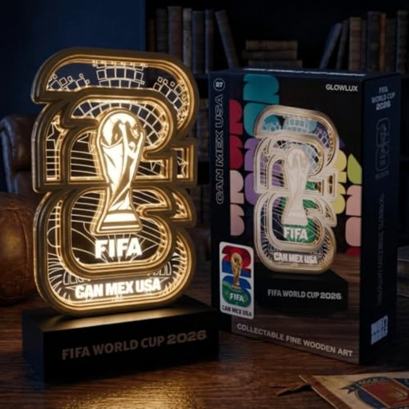 FIFA World Cup 2026 Official Licensed Collectible Display with White LED Glow, Soccer Memorabilia Gift for Men Women Dad Fans Man Cave Bar Desk Decor USA CAN MEX Trophy Replica - Image 1