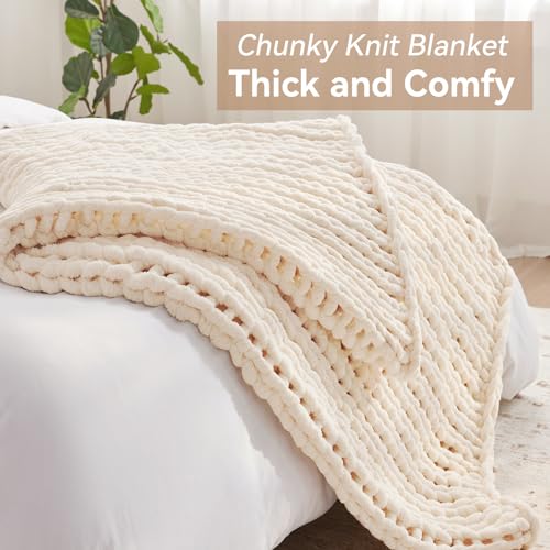 Negwoo Chunky Knit Throw Blanket, 50''*60'' Knitted Throw Chenille Yarn for Bed Couch, Handmade Cream Crochet Big Thick Blanket, Machine Washable Cute Comfy Blanket for Home Decor - Image 3