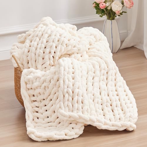 Negwoo Chunky Knit Throw Blanket, 50''*60'' Knitted Throw Chenille Yarn for Bed Couch, Handmade Cream Crochet Big Thick Blanket, Machine Washable Cute Comfy Blanket for Home Decor - Image 1