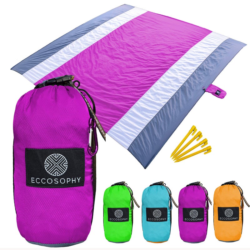 ECCOSOPHY Sandproof Beach Blanket  Oversized Sand Free Beach Mat 9x10  Lightweight Outdoor Picnic Blanket Anchored with 4 Corner Sand Pockets  Plastic Stakes  Heat Proof Quick Drying  Compact
