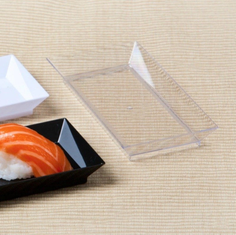 Zappy 50ct 25 x 5 Elegant Petite Mini Rectangle Tray Appetizer Dessert Plates  Disposable Hard Plastic Miniature Tasting Sushi Trays Sample Dish Party Plates Clear