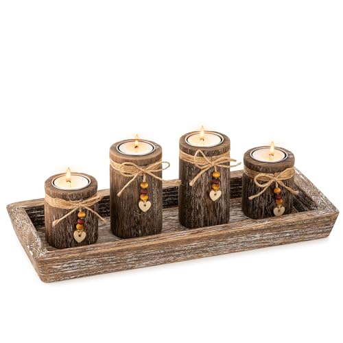 Romadedi Farmhouse Coffee Table Decor Candle Holder - Romadedi Boho Wooden Tray with 4 Tealight Candles Holders for Tables Centerpiece Home Decorations Living Room Fireplace Kitchen - Image 1