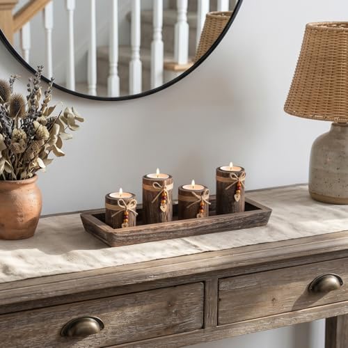 Romadedi Farmhouse Coffee Table Decor Candle Holder - Romadedi Boho Wooden Tray with 4 Tealight Candles Holders for Tables Centerpiece Home Decorations Living Room Fireplace Kitchen - Image 2