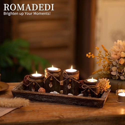Romadedi Farmhouse Coffee Table Decor Candle Holder - Romadedi Boho Wooden Tray with 4 Tealight Candles Holders for Tables Centerpiece Home Decorations Living Room Fireplace Kitchen - Image 4