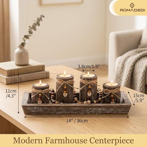 Romadedi Farmhouse Coffee Table Decor Candle Holder - Romadedi Boho Wooden Tray with 4 Tealight Candles Holders for Tables Centerpiece Home Decorations Living Room Fireplace Kitchen - Image 3