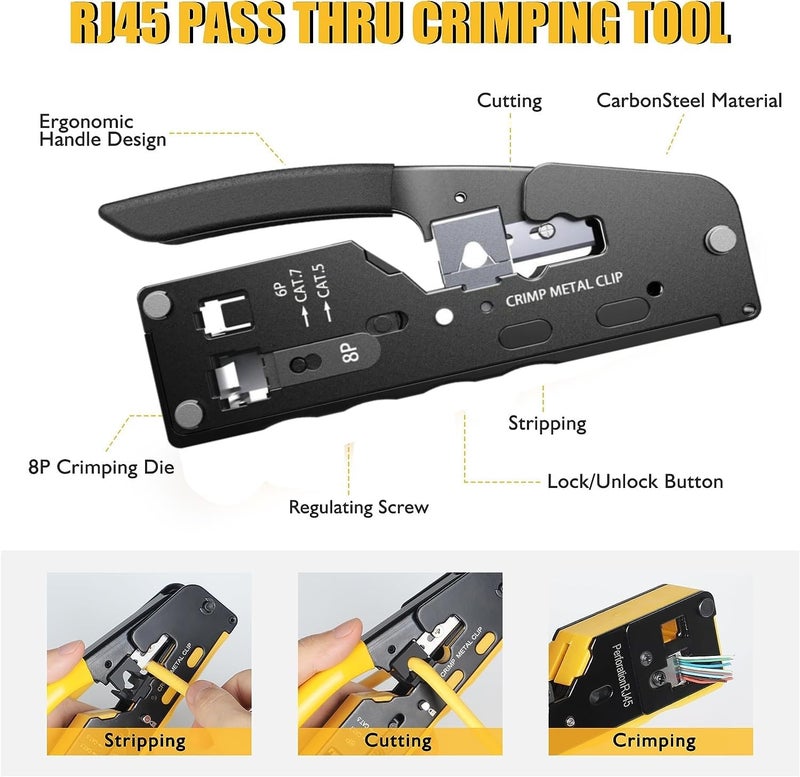 XIKKART Pass Through Cat7 / Cat5 Crimping Tool Kit With Cable Stripper and Cutter for Network RJ45 Ethernet LAN Cable Compatible With Connectors (Cat7 Black) - Image 2