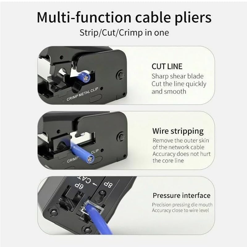 XIKKART Pass Through Cat7 / Cat5 Crimping Tool Kit With Cable Stripper and Cutter for Network RJ45 Ethernet LAN Cable Compatible With Connectors (Cat7 Black) - Image 4