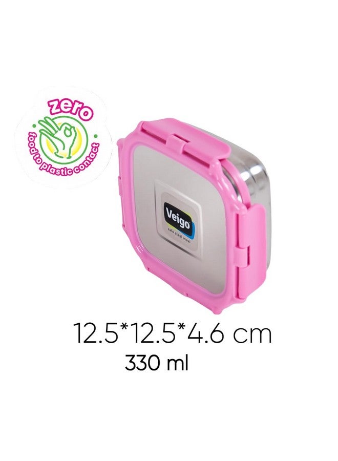 Veigo Veigo Original Stainless Steel Medium Snack Box (330 ml)| Airtight & Leakproof| Freezer & Dishwasher Safe| Snacks Box for School|Silicone Ring & Polymer Frame| Safe Lid Lock| Pink  - Image 3