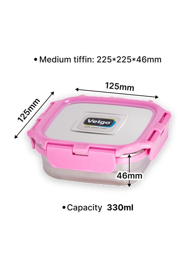 Veigo Veigo Original Stainless Steel Medium Snack Box (330 ml)| Airtight & Leakproof| Freezer & Dishwasher Safe| Snacks Box for School|Silicone Ring & Polymer Frame| Safe Lid Lock| Pink  - Image 4