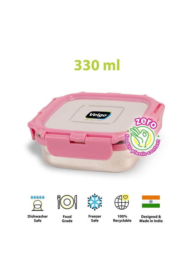 Veigo Veigo Original Stainless Steel Medium Snack Box (330 ml)| Airtight & Leakproof| Freezer & Dishwasher Safe| Snacks Box for School|Silicone Ring & Polymer Frame| Safe Lid Lock| Pink  - Image 2