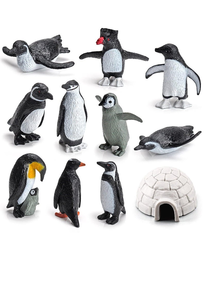 RAHAYM 11PCS Penguin Toys, Plastic Arctic Animal Penguin Figures for Kids, Realistic Polar Animals Figurines Set with Igloo Model, Cake Topper Winter Miniature Toys Decoration - Image 1
