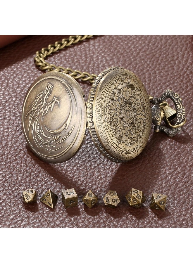 Keller & Weber Mini DND Dice Set with Steampunk Dragon Head Totem Pocket Watch Case, Tiny 7PCS Polyhedral Metal D&D Dice, DND Gifts with Gift Box, Role Playing Game Board Game Accessories Dice, Bronze - Image 4