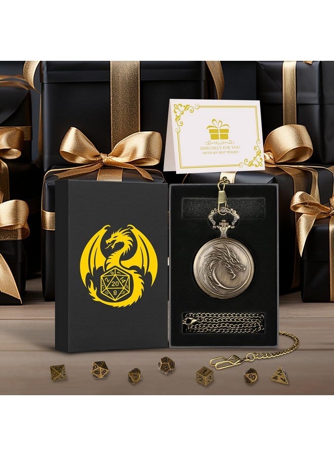 Keller & Weber Mini DND Dice Set with Steampunk Dragon Head Totem Pocket Watch Case, Tiny 7PCS Polyhedral Metal D&D Dice, DND Gifts with Gift Box, Role Playing Game Board Game Accessories Dice, Bronze - Image 3