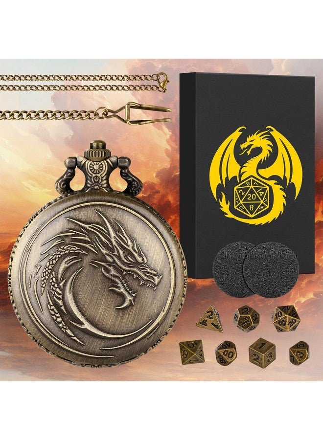 Keller & Weber Mini DND Dice Set with Steampunk Dragon Head Totem Pocket Watch Case, Tiny 7PCS Polyhedral Metal D&D Dice, DND Gifts with Gift Box, Role Playing Game Board Game Accessories Dice, Bronze - Image 2