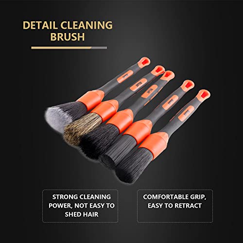 SPTA Car Detailing Brush Set, 5 Pack Soft Boar Hair Auto Detail Brush Kit with Elbow for Automotive Elegant Surface Interior Exterior Dashboard Emblems Panels Engine Bay Wheels Air Vent Seat Leather - Image 2