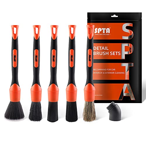 SPTA Car Detailing Brush Set, 5 Pack Soft Boar Hair Auto Detail Brush Kit with Elbow for Automotive Elegant Surface Interior Exterior Dashboard Emblems Panels Engine Bay Wheels Air Vent Seat Leather - Image 1