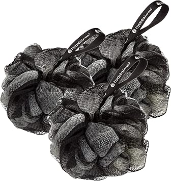 Hydrea London Hydrea London Shower Puff Exfoliating Body Scrubber for Men Women Cleansing Invigorating Luxury Shower Scrub UltraSoft Large Vegan Bath Scrunchie Triple Pack Black Cream  - Image 1