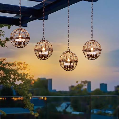 TWINKVILLA Outdoor Solar Hanging Lanterns Waterproof, Globe Hanging Candle Holder with Flickering Solar Powered Tea Lights, Chargeable Chandelier Light for Backyard Patio Garden Fence Tree Decoration-4Pack - Image 1