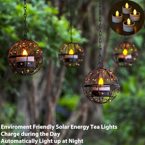 TWINKVILLA Outdoor Solar Hanging Lanterns Waterproof, Globe Hanging Candle Holder with Flickering Solar Powered Tea Lights, Chargeable Chandelier Light for Backyard Patio Garden Fence Tree Decoration-4Pack - Image 5