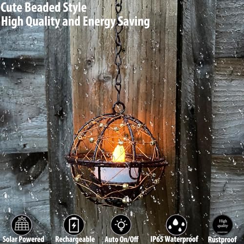 TWINKVILLA Outdoor Solar Hanging Lanterns Waterproof, Globe Hanging Candle Holder with Flickering Solar Powered Tea Lights, Chargeable Chandelier Light for Backyard Patio Garden Fence Tree Decoration-4Pack - Image 3