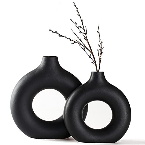 CEMABT Vases for Pampas Grass 2pc Creative Vase Modern Home DecorHandmade Vase Black Ceramic Dried Flowers Crafts Ornaments for Office Home Deco Decoration