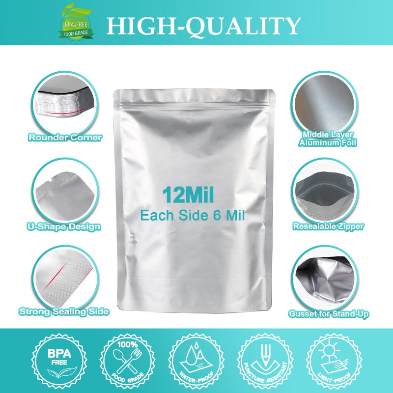SHXWELL 100pcs Mylar Bags for Food Storage with 150 Oxygen Absorbers & Labels, 10 Mil Thick 3 Sizes (1 Gallon, 1 Quart, 1/2 Pint) - Stand-Up, Resealable & Heat Sealable for Long Term Food Storage - Image 3