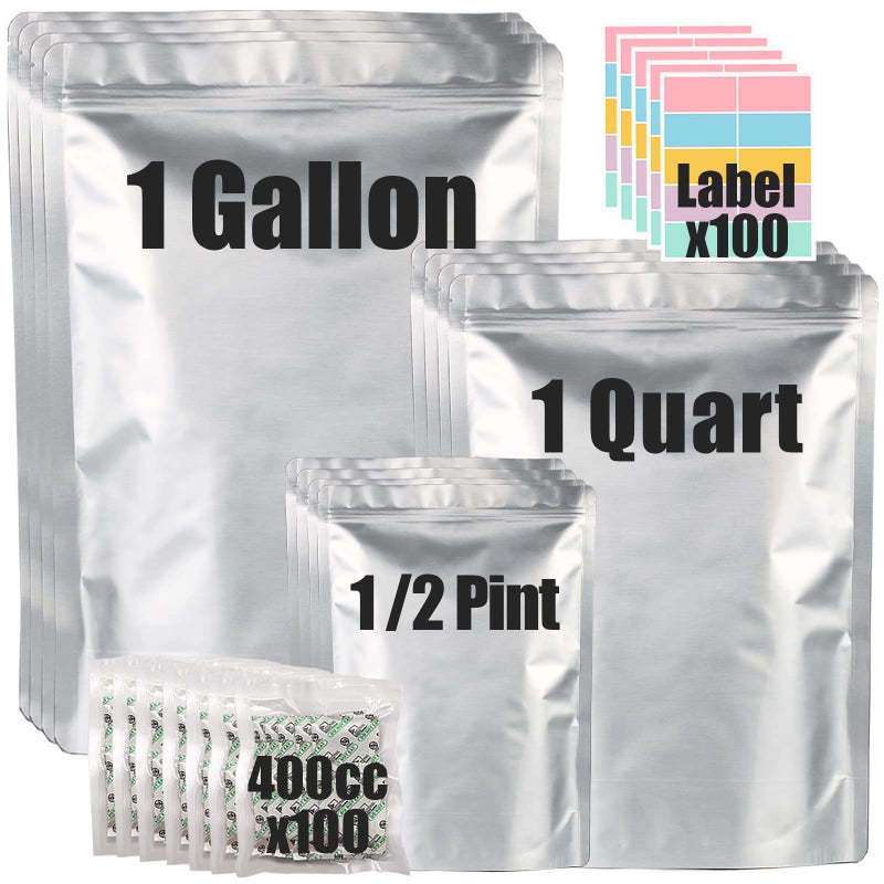 SHXWELL 100pcs Mylar Bags for Food Storage with 150 Oxygen Absorbers & Labels, 10 Mil Thick 3 Sizes (1 Gallon, 1 Quart, 1/2 Pint) - Stand-Up, Resealable & Heat Sealable for Long Term Food Storage - Image 1