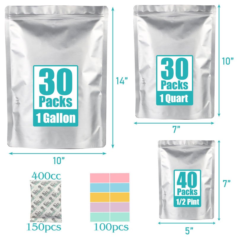 SHXWELL 100pcs Mylar Bags for Food Storage with 150 Oxygen Absorbers & Labels, 10 Mil Thick 3 Sizes (1 Gallon, 1 Quart, 1/2 Pint) - Stand-Up, Resealable & Heat Sealable for Long Term Food Storage - Image 2
