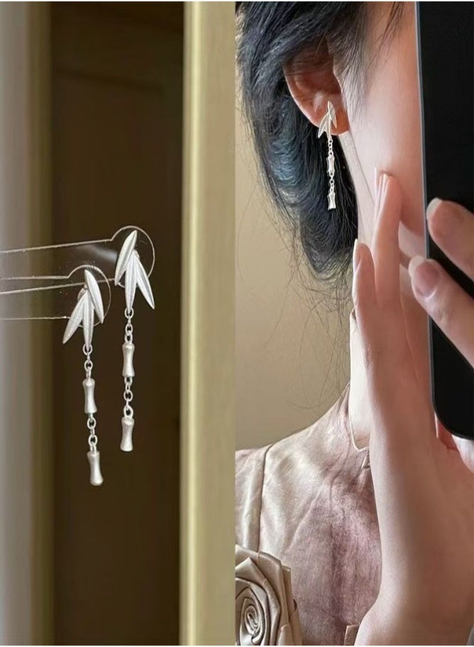 أقراط على شكل أجراس هوائية بأوراق فضية من الطراز الصيني الحديث - Image 3