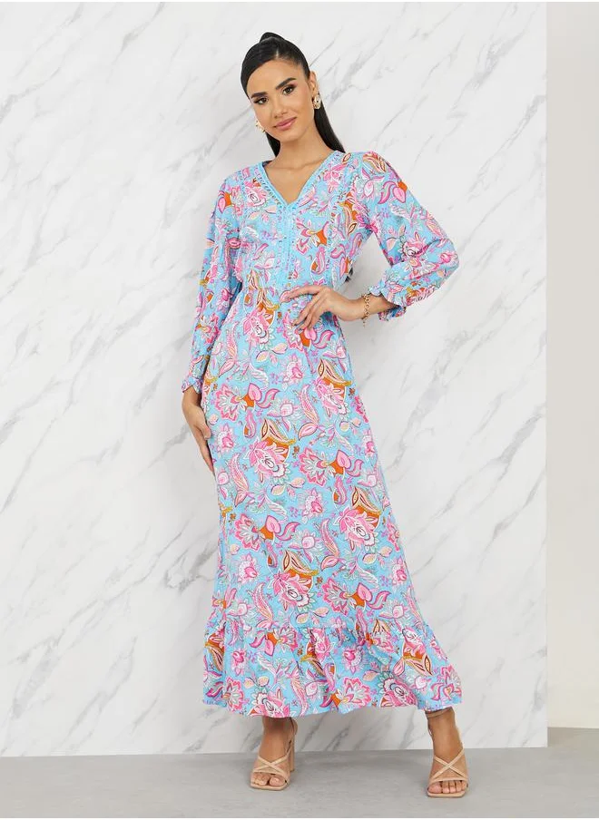 ستايلي Lace Detail Floral Print A-Line Maxi Dress
