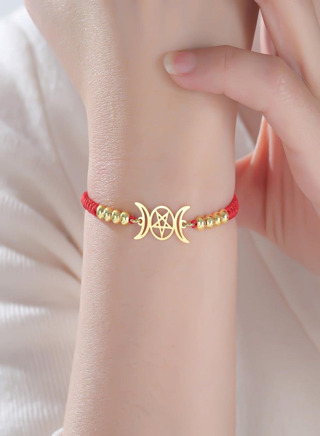 EUEAVAN Triple Moon Goddess Bracelet Magic Pentagram Handcrafted Lucky Red String Bracelet Hecate Wicca Amulet Pagan Jewelry Witchcraft Gift for Women (A-red) - Image 2