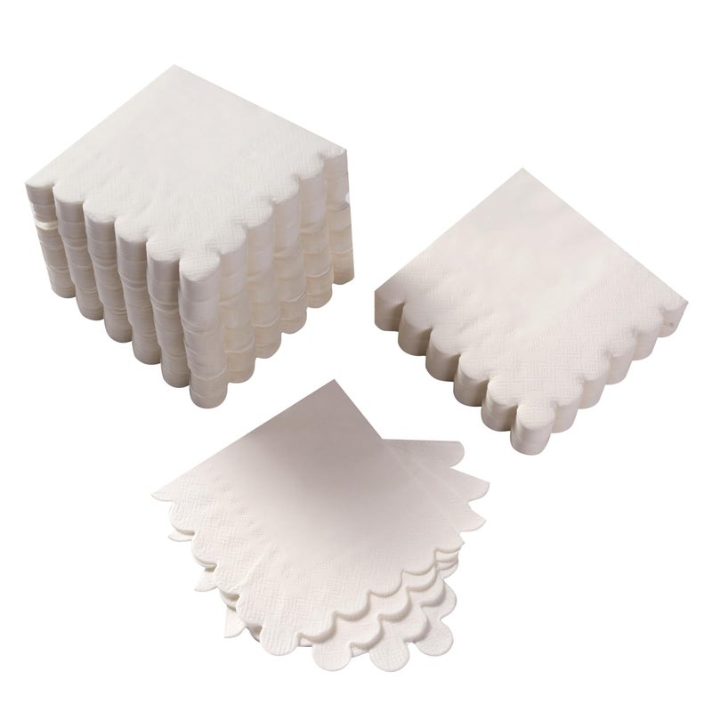 BEFORYOU 100 Pack Cocktail Napkin 2-Ply Scalloped Edged Dessert Napkins Folded 5 x 5 Inches Disposable Napkins for Dinner Wedding Birthday Party Bridal Anniversary Reception Event (White) - Image 1