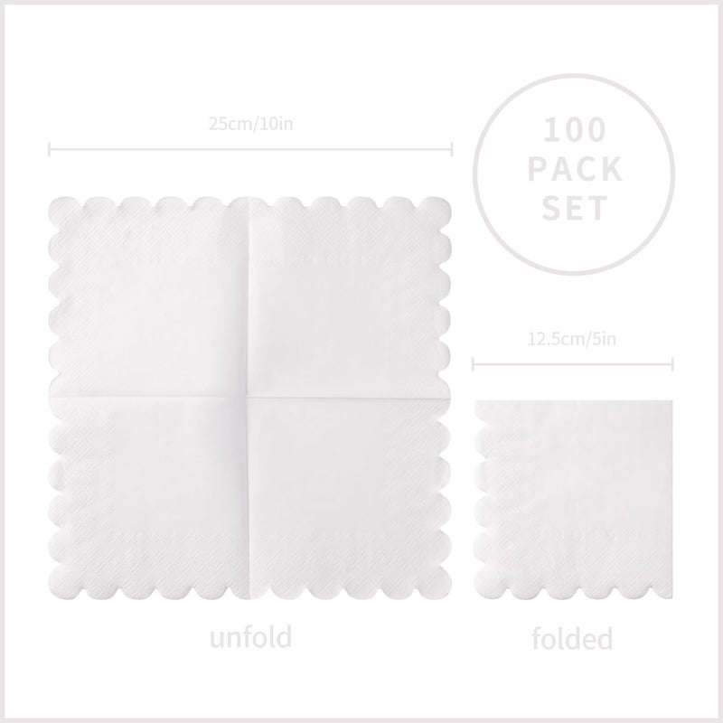 BEFORYOU 100 Pack Cocktail Napkin 2-Ply Scalloped Edged Dessert Napkins Folded 5 x 5 Inches Disposable Napkins for Dinner Wedding Birthday Party Bridal Anniversary Reception Event (White) - Image 2