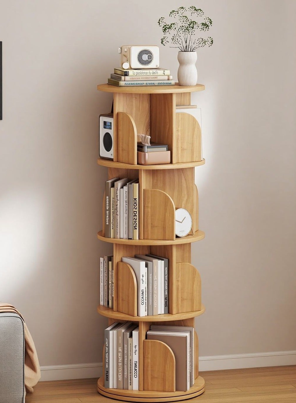 Round Rotating Bookshelf 360° Spinning Bookcase Organizer with 3 or 4 Shelves, Corner Standing Storage Rack for Home Office, Tall Narrow Bookcase for Small Spaces, Bedroom, Kids Room