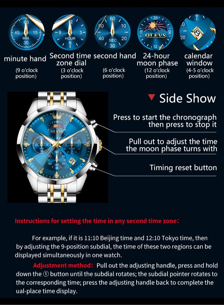 OLEVS High-End Luxurious Men's Watch Waterproof Multifunctional Stainless Steel Strap Durable Anti-Slip Coated Glass Stylish Luminous Timepiece - Image 2