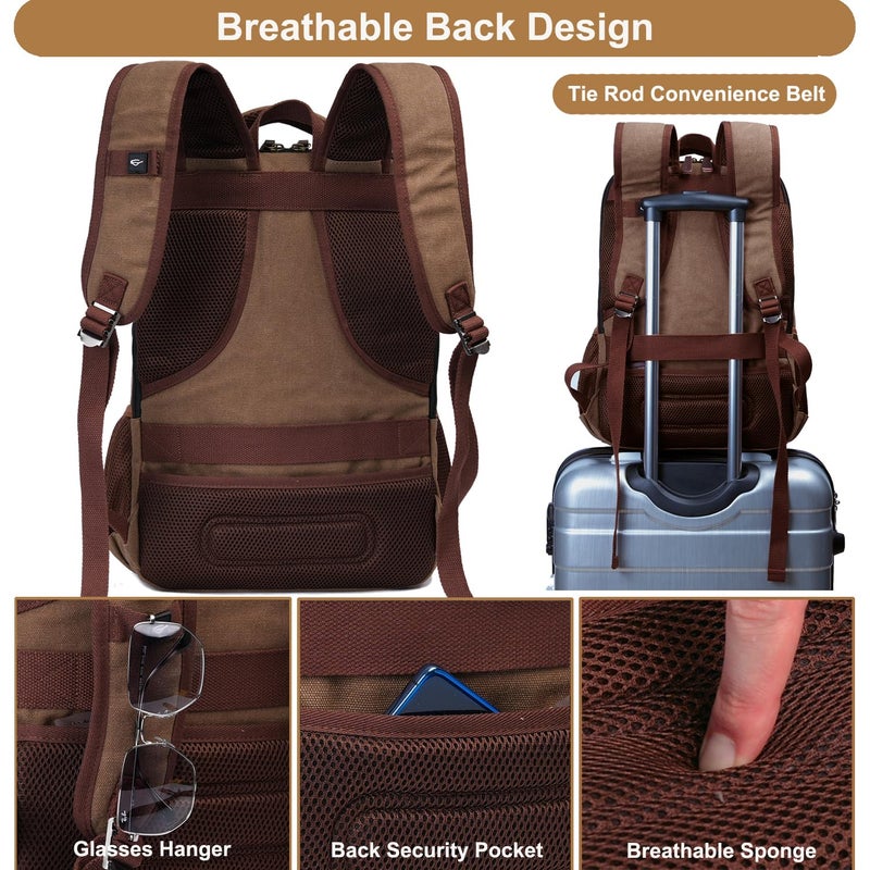 Mactso Canvas Travel Laptop Backpack for Men Women, Business Work Rucksack College School Computer Bag Fits 15.6 Inch Notebook,Bookbag with USB Charging Port (Coffee, 15.6 Inch) - Image 4