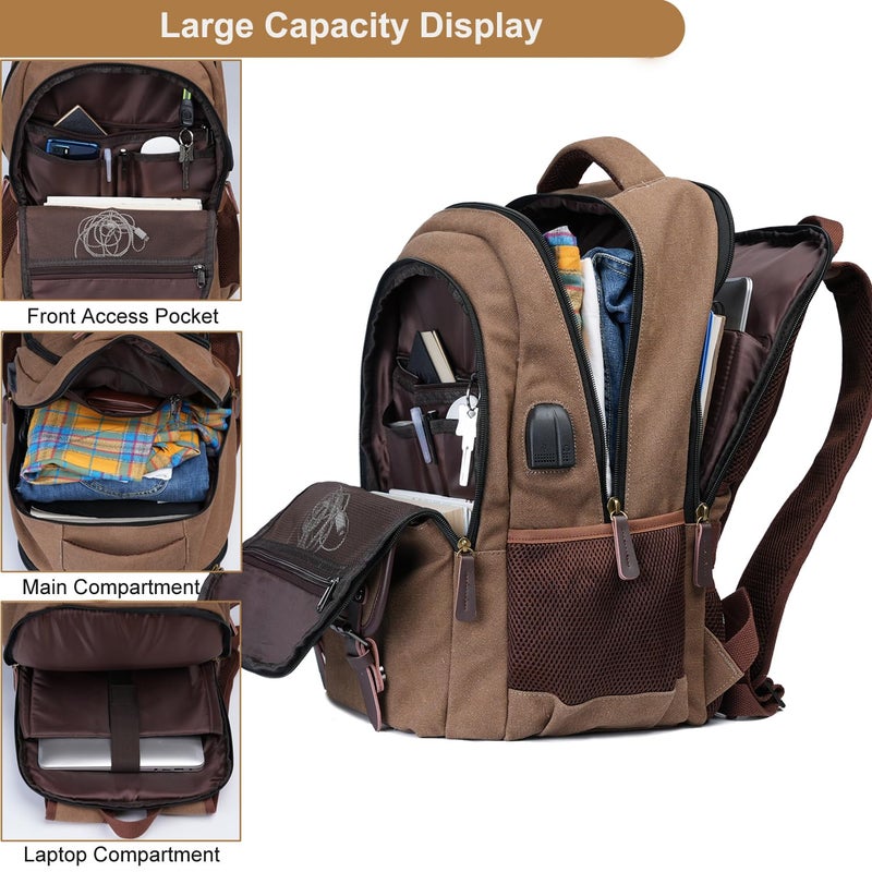 Mactso Canvas Travel Laptop Backpack for Men Women, Business Work Rucksack College School Computer Bag Fits 15.6 Inch Notebook,Bookbag with USB Charging Port (Coffee, 15.6 Inch) - Image 3