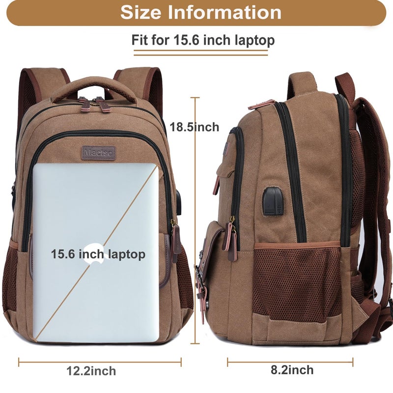 Mactso Canvas Travel Laptop Backpack for Men Women, Business Work Rucksack College School Computer Bag Fits 15.6 Inch Notebook,Bookbag with USB Charging Port (Coffee, 15.6 Inch) - Image 5