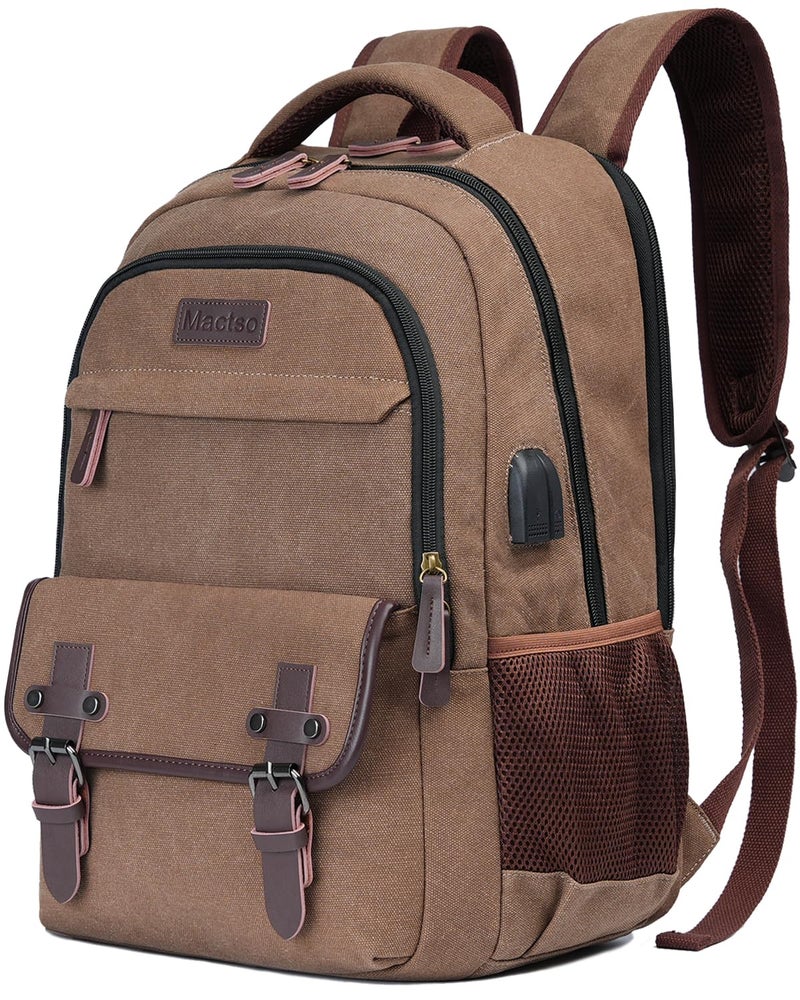 Mactso Canvas Travel Laptop Backpack for Men Women, Business Work Rucksack College School Computer Bag Fits 15.6 Inch Notebook,Bookbag with USB Charging Port (Coffee, 15.6 Inch) - Image 1