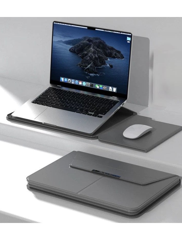 Multifunctional Laptop PU Magnetic Stand Split Liner Bag with Mouse Pad Function, Size:13-14 inch - Grey