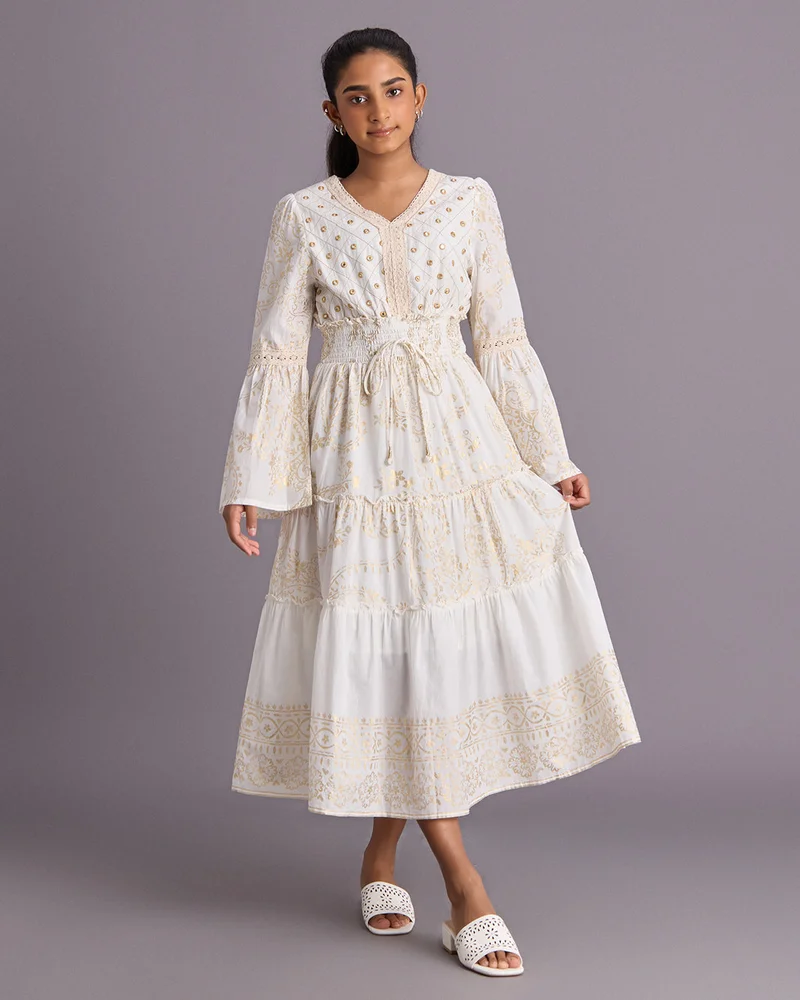 Redtag Senior Girls Ivory Printed Maxi Dress