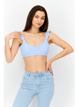 Bar III Women V-Neck Ruffle Sleeves Solid Crop Top, Blue  - Image 1